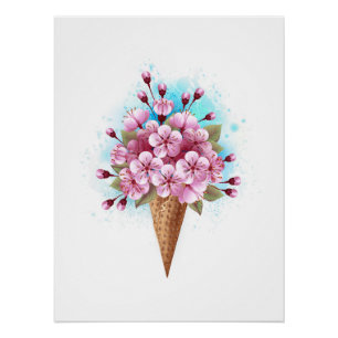 Poster Cône rose Sakura crème glacée gaufre