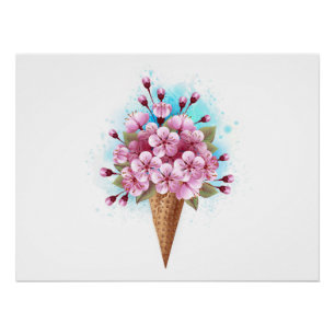 Poster Cône rose Sakura crème glacée gaufre