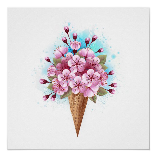 Poster Cône rose Sakura crème glacée gaufre (Devant)