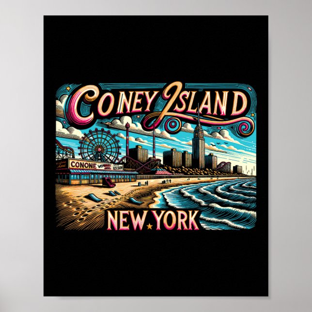 Poster Coney Island New York Voyage Été Vacances Familial (Devant)