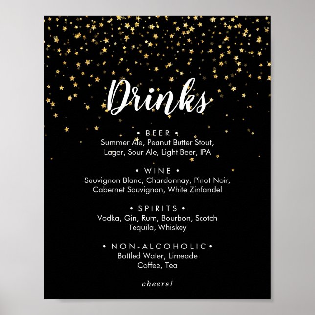 Poster Confetti d'or | Black Mariage Boissons Menu Signer (Devant)