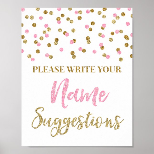 Poster Confetti en or rose Nom du Baby shower Suggestions (Devant)