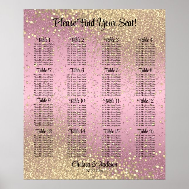 Poster Confetti rose et or - 16 Seating Chart (Devant)