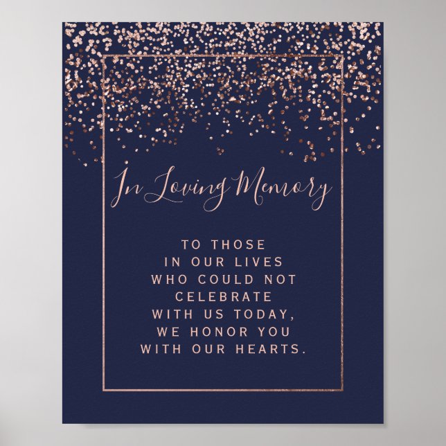 Poster Confettis rose gold bleu marine enseigne de mariag (Devant)