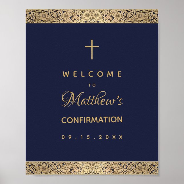Poster Confirmation Garçon Marine Blue Gold Roses Bienven (Devant)