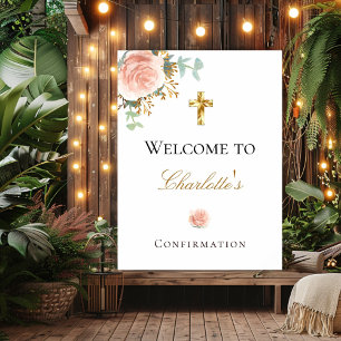 Poster Confirmation rose poudré floral eucalyptus bienven