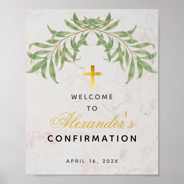 Poster Confirmation Welcome Green Gold Cross Marble (Devant)