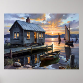 Poster Confort du coucher de soleil : Cabane au bord du l