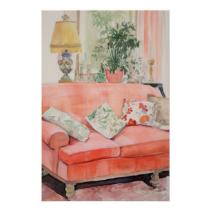 Poster Confort Rose – Canapé Rose Aquarelle Salon
