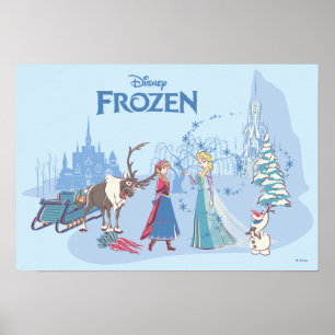 Poster congelé  Sven, Anna, Elsa et Olaf Blue Pastels