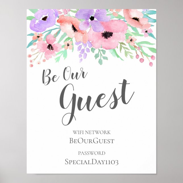 Poster Connexion mariage - Mot de passe Wifi Aquarelle Fl (Devant)