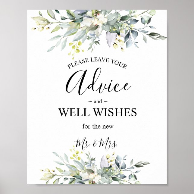 Poster Conseil et souhaits Mariage d'aquarelle verte (Devant)