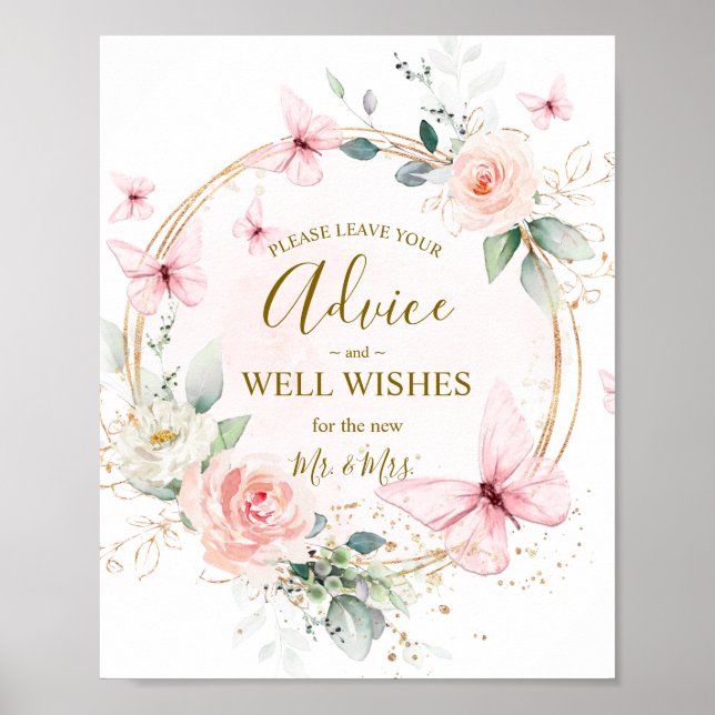 Poster Conseils et souhaits Mariage de papillon aquarelle (Devant)