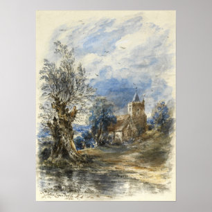 Poster Constable - Un saule au bord de l'eau, une église 