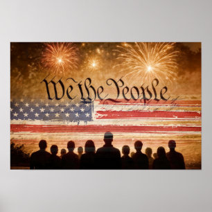 Poster Constitution des États-Unis avec drapeau et feux d