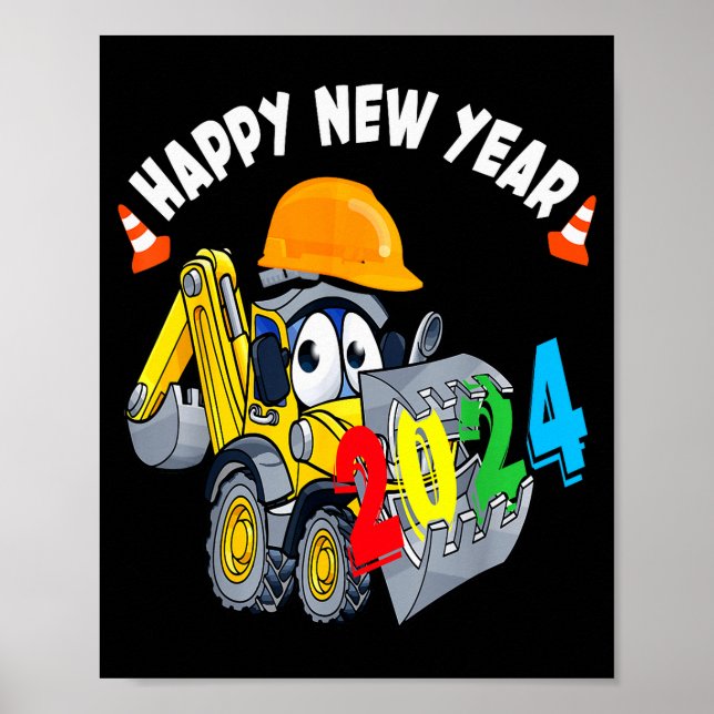 Poster Construction Excavator Happy New Year 2024 For Boy (Devant)
