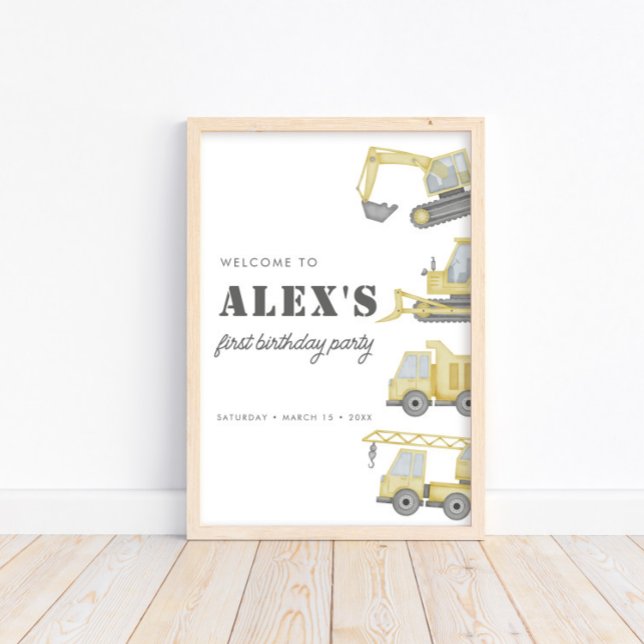 Poster Construction Véhicules Camion Garçons 1er annivers (Créateur téléchargé)