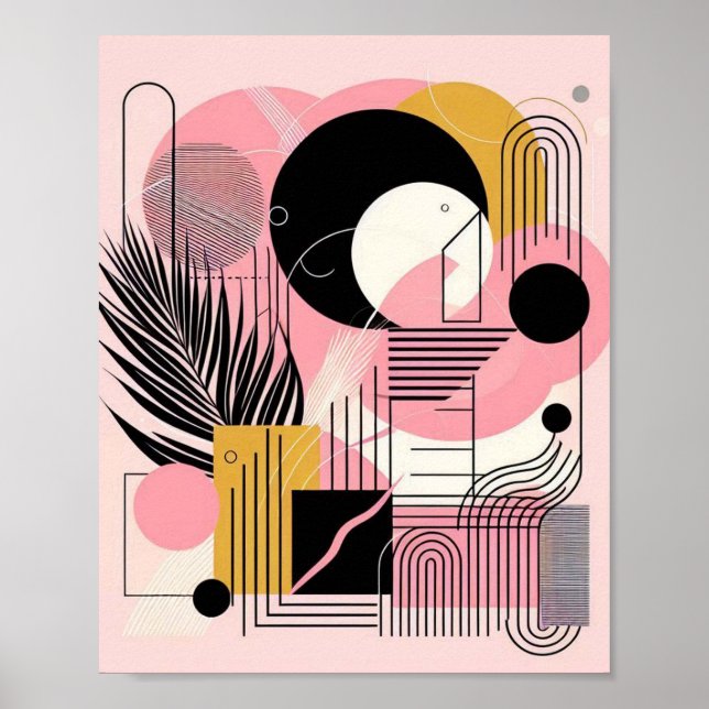 Poster Contemporain moderne Abstrait rose jaune noir (Devant)
