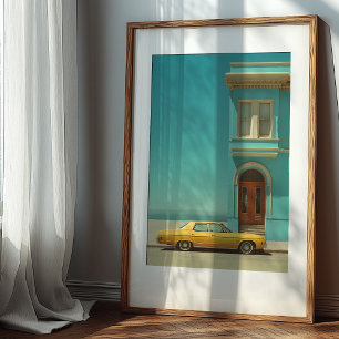 Poster Contraste côtier : Voiture Vintage jaune