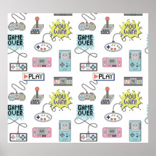 Poster Contrôleurs de jeu rétro : Motif coloré sans coutu
