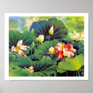 Poster Cool beautiful chinese lotus flower green leaf art
