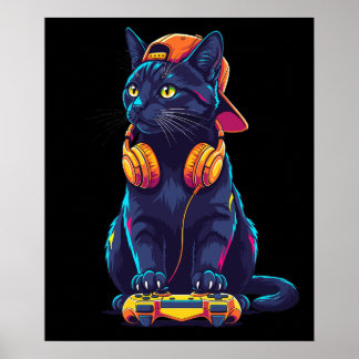 Poster Cool Black Cat Gamer Halloween