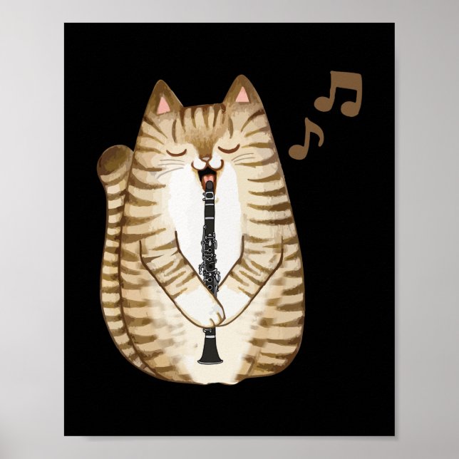 Poster Cool Cat Playing The Clarinet Design Hippy Hipster (Devant)