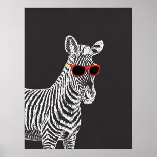 Poster Cool cute funny zebra white sketch with glasses