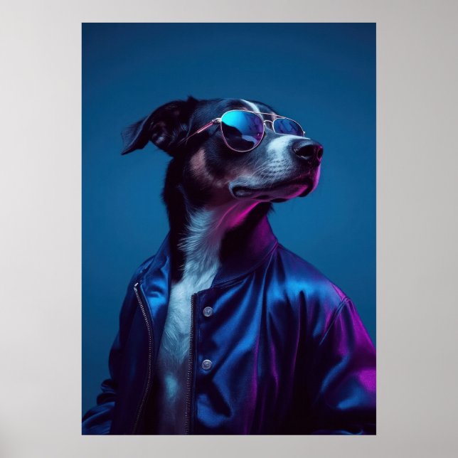Poster Cool Dog in Blue Jacket - Retro Neon Animal (Devant)