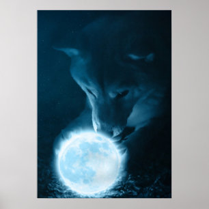 Poster Cool Imaginaire Mystique Loup Tenant La Lune