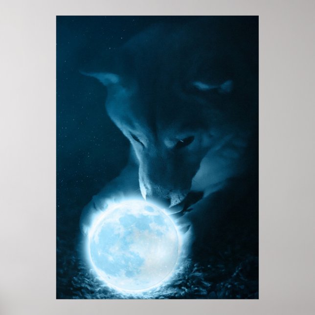 Poster Cool Imaginaire Mystique Loup Tenant La Lune (Devant)