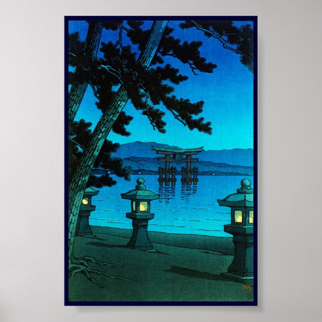 Poster Cool japonais lune nuit porte mer hasui kawase (Devant)