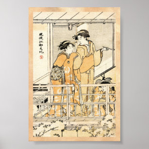 Poster Cool japonais vintage ukiyo-e deux geishas scroll