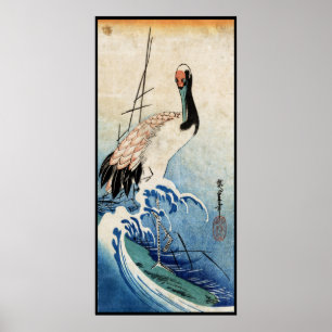 Poster Cool japonais vintage ukiyo-e grue oiseau scroll