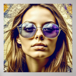 Poster Cool Lady avec réflexion dans ses lunettes de sole