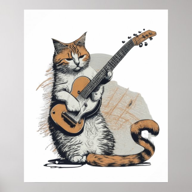 Poster Cool Orange Chat Jamming sur la guitare (Devant)