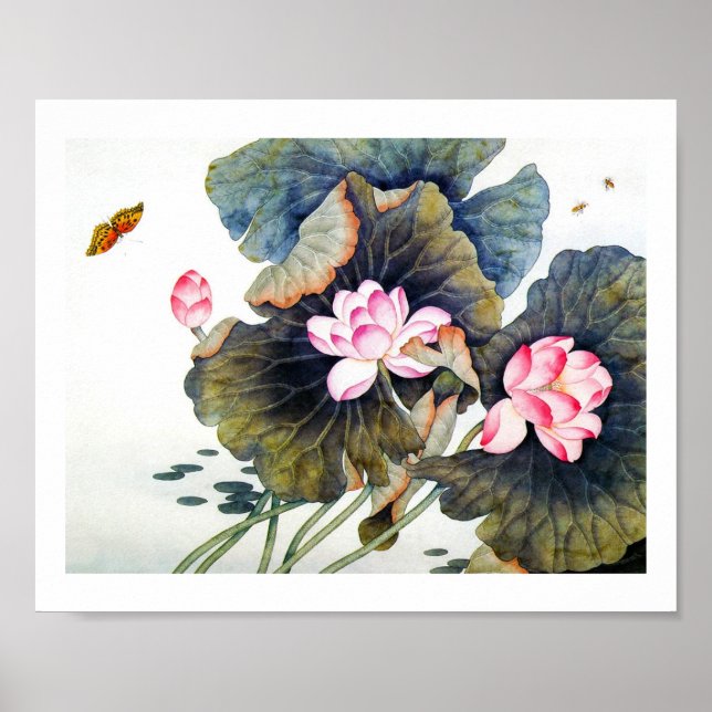 Poster Cool oriental chine belle feuille de lotus butterf (Devant)