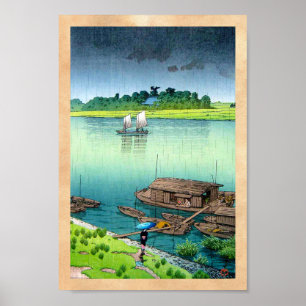 Poster Cool oriental japonais paysage rivière côté pluie
