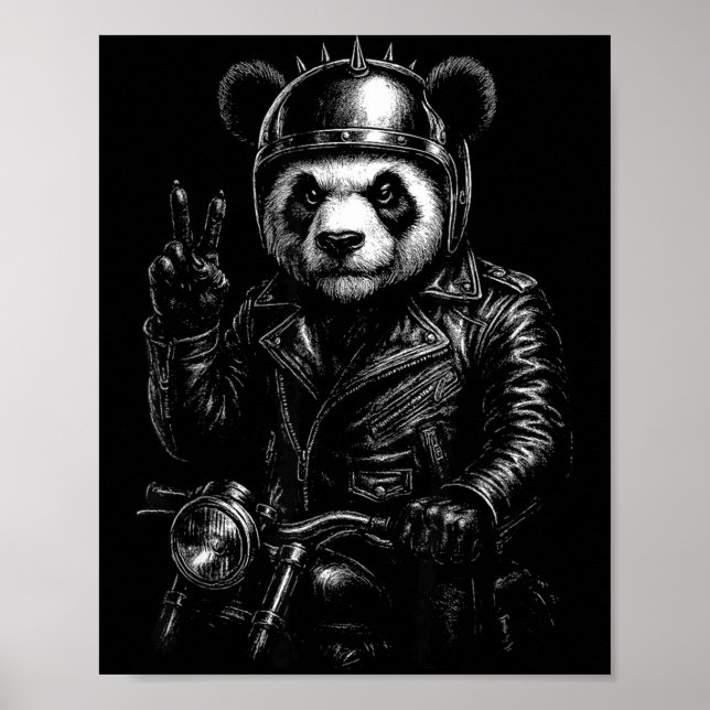 Poster Cool Panda Punk Peace Sign Motorcycle  (Devant)