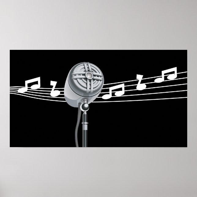 Poster Cool Retro Mic & notes musicales Black Custom (Devant)