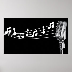 Poster Cool Retro Mic & notes musicales Black Custom