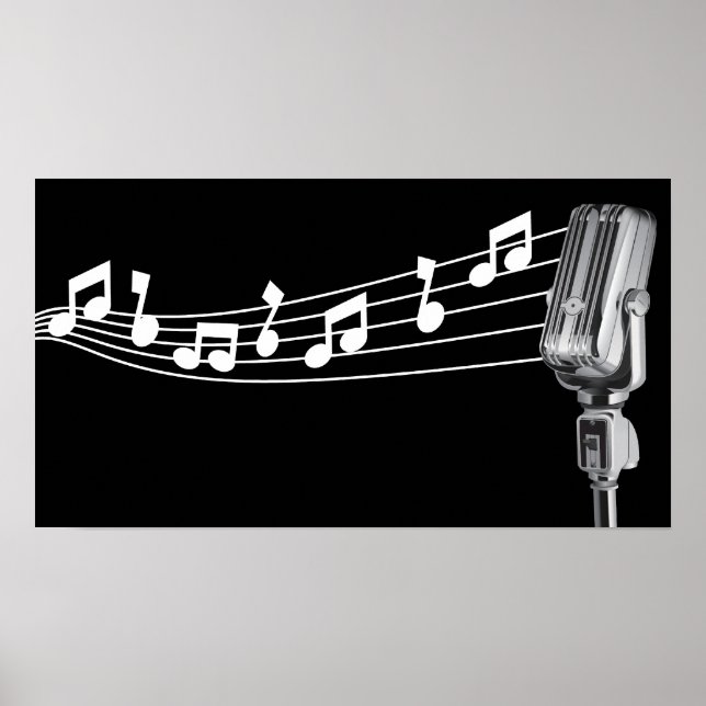 Poster Cool Retro Mic & notes musicales Black Custom (Devant)