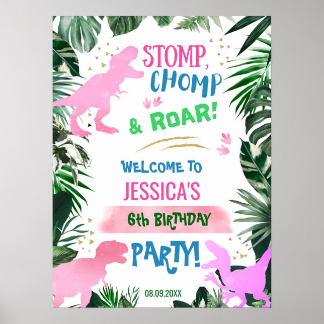 Poster Cool rose fille Dinosaur anniversaire bienvenue T- (Devant)