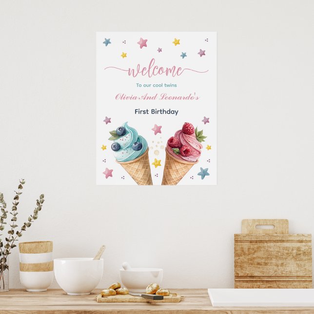Poster Cool Twins Ice Cream fête d'anniversaire Bienvenue (Cuisine)