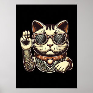 Poster Cool Vintage Maneki Neko Lucky Chat, Succès Argent