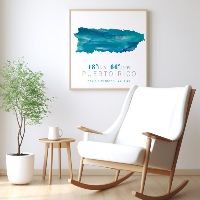 Poster Coordonnées de la carte Porto Rico Aqua Blue Water (Créateur téléchargé)