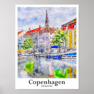 Poster Copenhague Danemark Aquarelle Voyage Main tirée
