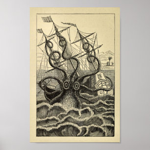 Poster Copie vintage d'art de bateau de poulpe