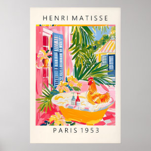 Poster Coq dans la baignoire Art Print Ferme Rose