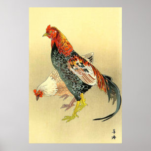 Poster Coq de combat et poule Tsuji Kako 1900-1910s